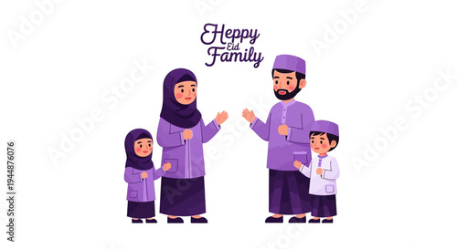 A Muslim family of four in purple attire greet and celebrate Eid with smiles in a cartoon style against a clean white background