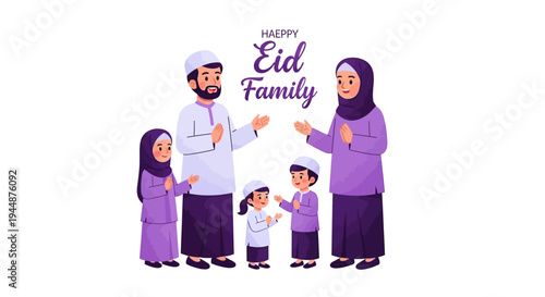 A Muslim family of four, dressed in purple and white, shake hands and celebrate Eid together with a cheerful greeting