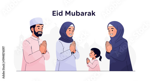 A Muslim family of four, two adults and two children, in traditional attire, greet and celebrate Eid with hands clasped together in a joyful and festive atmosphere