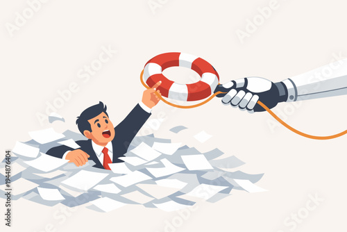Artificial intelligence robot hand rescuing a businessman drowning in a mountain of paper documents with a lifebuoy. Concept of AI automation helping with heavy workload and office tasks.