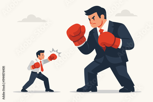 Small Businessman in Boxing Gloves Fighting a Giant Big Boss Corporate Executive, David vs Goliath Business Metaphor for Competition, Inequality, and Professional Challenges Vector Illustration