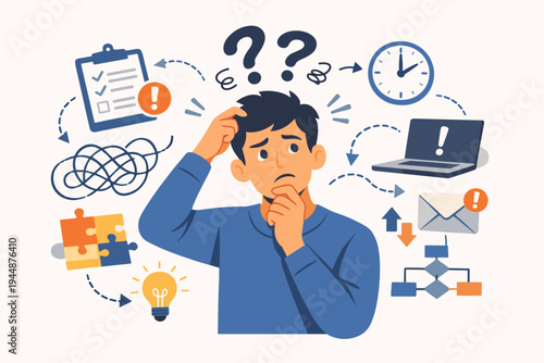 Puzzled man thinking about confusing tasks and problems, surrounded by icons of a clock, laptop, lightbulb, and checklist, representing stress, decision making, and multitasking at work.