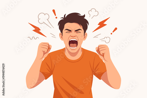 Angry young man screaming in frustration and rage with clenched fists, vector illustration of a person having an emotional breakdown or temper tantrum with steam and lightning symbols around.
