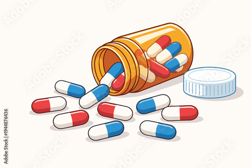 Flat vector illustration of red and blue antibiotic capsules spilling out of an orange prescription medicine bottle on a white background, healthcare, pharmacy, and medical treatment concept.