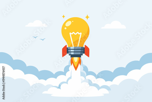 Light Bulb Rocket Launching into the Sky Above Clouds, Symbolizing Creative Startup Idea, Innovation, Business Success, and New Project Kickoff, Flat Vector Illustration for Professional Use.