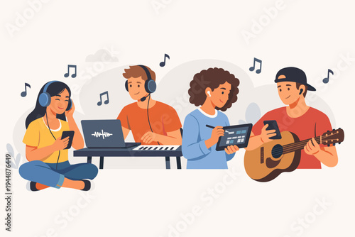Flat Vector Illustration of Diverse Young People Creating and Listening to Music Using Digital Devices Like Laptops, Tablets, Smartphones, MIDI Keyboards, Headphones, and Acoustic Guitars.