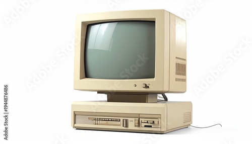 Beige vintage computer with CRT monitor on desktop base, isolated on a white background