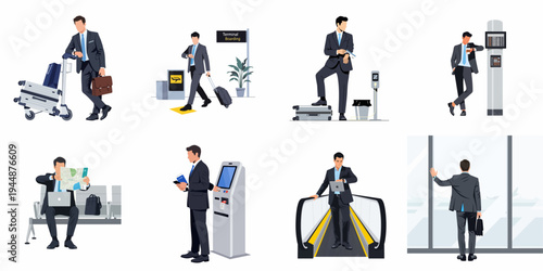 Flat vector illustrations set of a businessman in a suit traveling through an airport terminal for business trips and global transit.