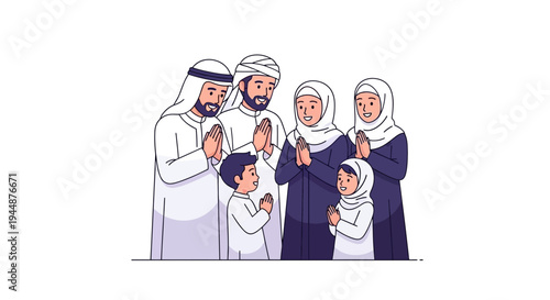 A Muslim family in traditional attire greet and celebrate Eid together with smiles and handshakes in a joyful and festive atmosphere