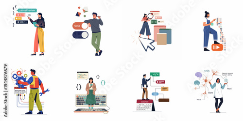 Collection of professional people working on software development, data analysis, coding, and technical engineering tasks in a flat vector illustration style.