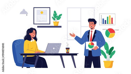 Illustration of business professionals discussing data analytics and project management in a modern office setting