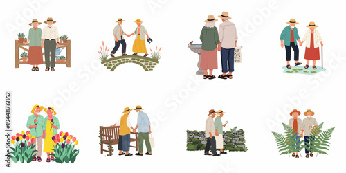 Set of illustrations depicting an active senior couple enjoying various outdoor gardening and nature activities together in a flat, stylized design.