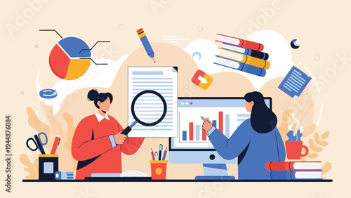 Illustration of business team analyzing data and statistics with charts and graphs on computer screen in modern office