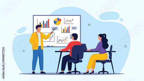 Illustration of business team analyzing data and discussing strategy in a meeting with charts and graphs on a screen