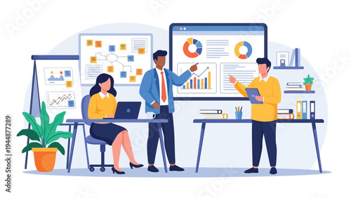 Illustration of business team analyzing data and discussing business strategy in a modern office setting with charts and graphs