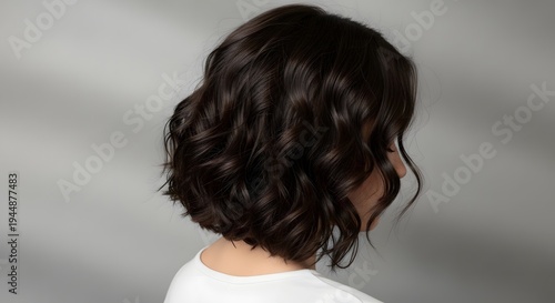 Back view of young brunette with short curly hair on gray background. Her hairstyle is a bob