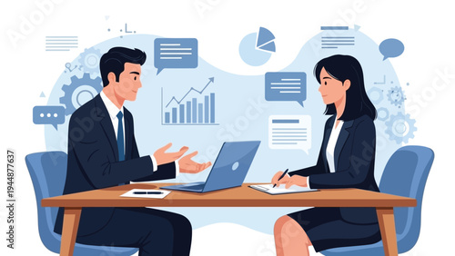 Illustration of business professionals discussing data analytics and financial reports in a corporate meeting setting