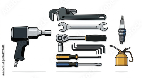 Mechanic tools and garage workshop equipment vector illustration, automotive repair icons set isolated on white.