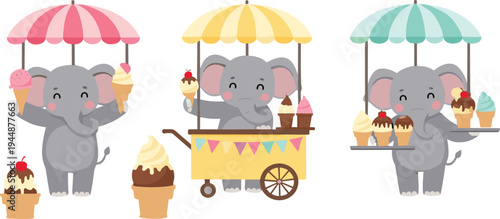 Cute Elephant Ice Cream Vendor Cartoon Vector Set Featuring Elephant Characters Selling Ice Cream Cones and Dessert Cart.