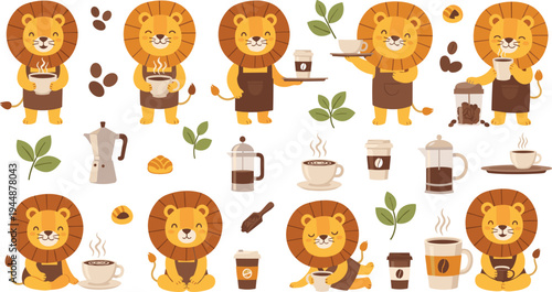 Cute Lion Barista Cartoon Mascot Vector Set Featuring Coffee Shop Lion Characters Serving Espresso, Latte and Cafe Drinks.