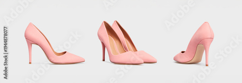 Schilderij op canvas Set of light pink pointy toe women's shoes with high heels isolated on white background