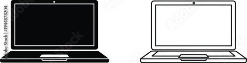 Laptop computer black and white line art illustration isolated on transparent background, Vector