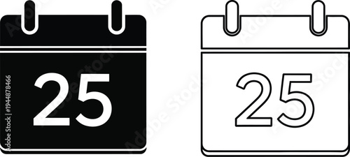Calendar icon 25 day date isolated on transparent background, Vector