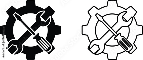 Gear icons with crossed tools isolated on transparent background, Vector