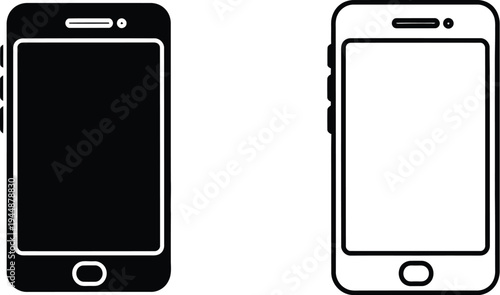 Black and white smartphone icons isolated on transparent background, Vector