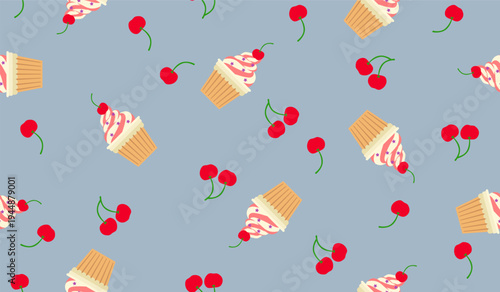 Cute cupcake ice cream and cherry seamless dessert pattern