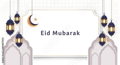Eid Mubarak celebration template with hanging lanterns and mosque architecture on a white background for social media posts and Ramadan promotions
