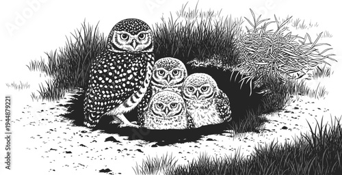 Burrowing owl (Athene cunicularia) chicks at nest burrow. Monochrome vector illustration. Transparent background EPS version.