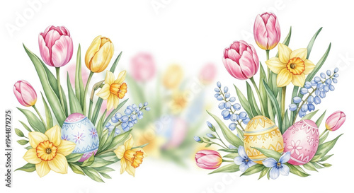 Watercolor easter background with tulips, daffodils and painted eggs