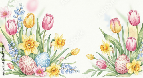 Spring floral easter background with watercolor flowers