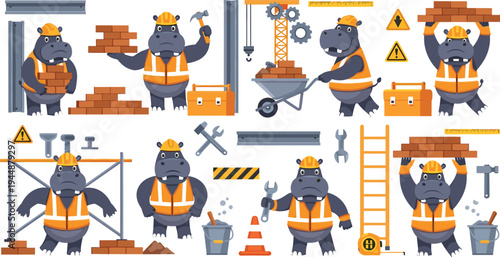 Hippo Construction Worker Cartoon Vector Set with Builder Hippopotamus Characters, Tools, Bricks and Worksite Elements.