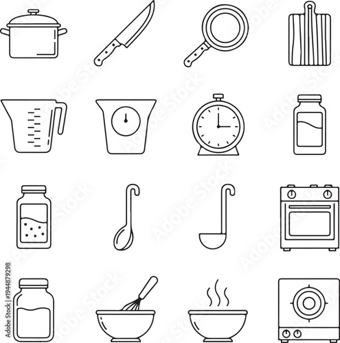 Black and white kitchen utensils and tools icons set for cooking and baking
