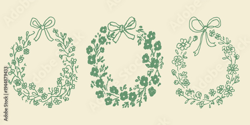 Three hand drawn green floral wreath set with bow ribbon on cream background, vintage botanical circle frame vector illustration collection