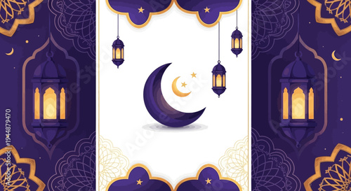 Eid Mubarak Instagram post template featuring a crescent moon and lanterns on a dark blue background with gold accents, ideal for Ramadan social media promotions and celebrations