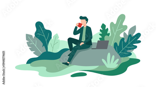 Businessman sitting on rock in nature drinking coffee surrounded by plants
