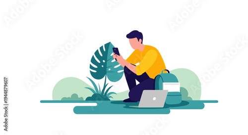 Man sits outdoors with laptop and phone near plants