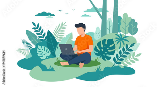 Man working on laptop in forest surrounded by lush green foliage and plants