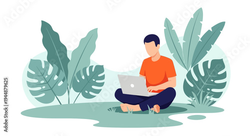 Man sitting with laptop surrounded by large tropical plants outdoors