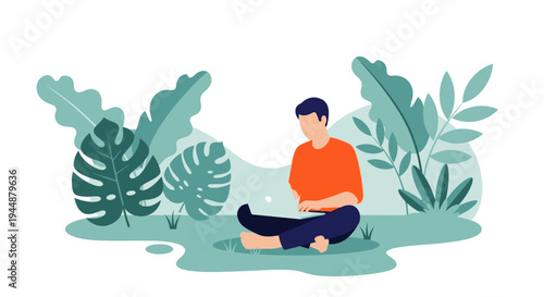 Person meditating peacefully among lush green plants in a serene natural setting