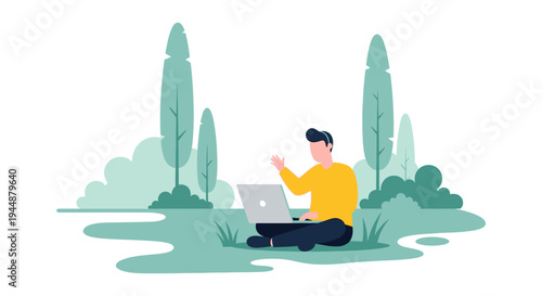 Man working on laptop in serene natural outdoor setting with trees