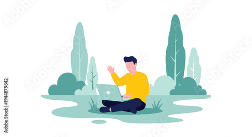 Man sitting outdoors with laptop and waving hand in natural landscape