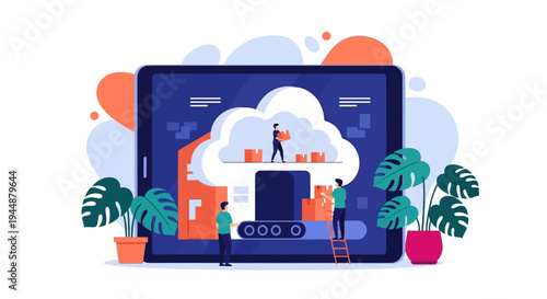 People working on laptop with plants and cloud computing illustration