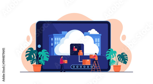 People work on technology with plants and buildings in background scenery