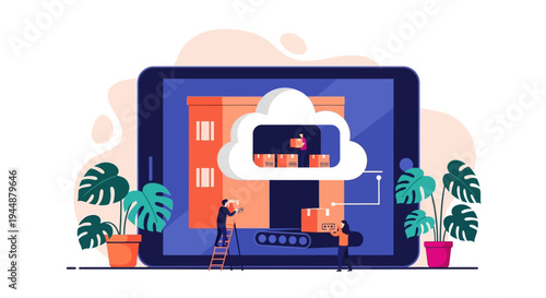 Two people are working on a large tablet with a house and cloud on the screen surrounded by plants indoors.