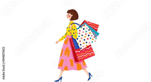 Woman walking with colorful shopping bags on sunny day outside