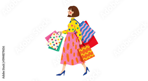 Woman walks with multiple colorful shopping bags in hands and under arm